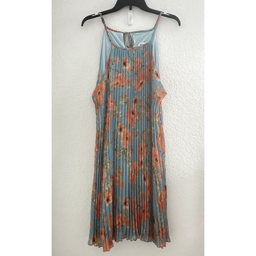 Ellames Pleated Mini Dress 2XL Blue Floral Flowy‎ Boho Resort Cruisewear Retro